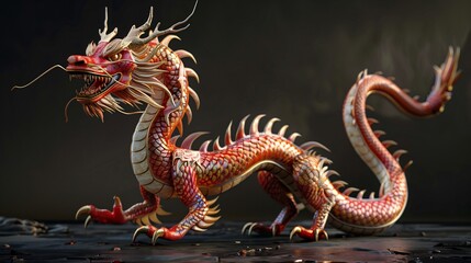 Obraz premium Red Chinese Dragon Statue on Dark Background