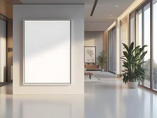 Serene Minimalist White Photo Frame Backdrop in Bright Modern Studio Apartment with Sleek Lines Large Windows and Natural Lighting