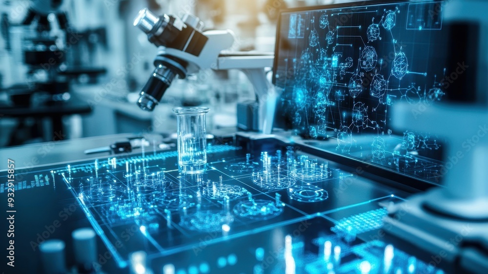 Poster futuristic laboratory setup with a microscope and digital interface showcasing scientific innovation