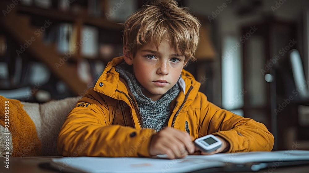 Poster the diabetic boy doing homework while wearing continuous glucose monitoring sensor,his arm-art-scale