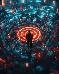 Fototapeta premium A figure stands in a digital vortex, surrounded by vibrant blue and red lights, symbolizing technology and innovation.