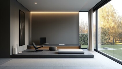 Modern minimalist living space with large window.