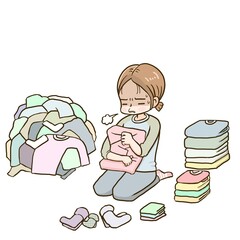 洗濯物が多くて畳むのにうんざりしているの人のイラスト