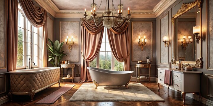 soft peach blush tones moody dramatic lighting ornate antique mirrors lavish velvet drapes luxurious freestanding tub opulent pampering indulgent retreat