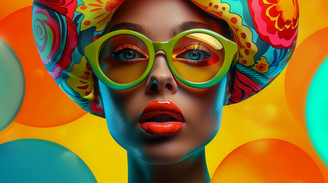 Modern pop art portrait of beautiful woman in green sunglasses on bright colorful background. Contemporary drawing painting poster of stylish fashion people in vintage retro style
