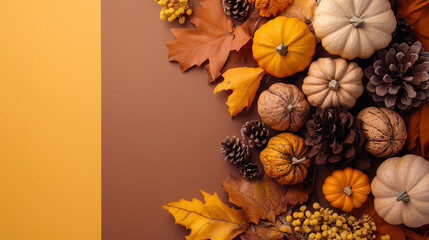 Fototapeta premium Autumnal Thanksgiving Still Life: Flat Lay with Warm Tones and Cozy Vibes
