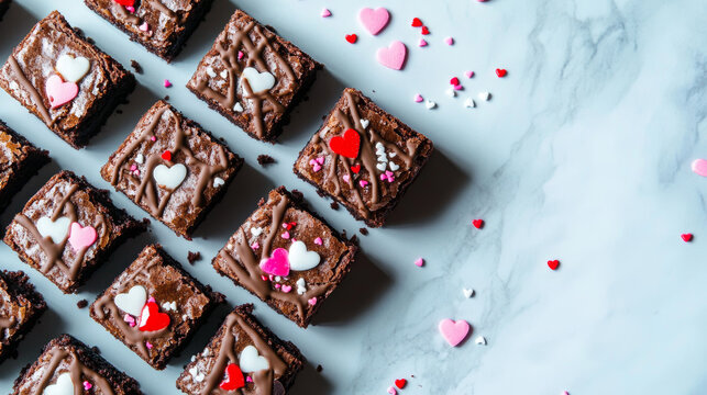 &ldquo;Chocolate brownies drizzled with ganache and topped with white, pink, and red heart-shaped sprinkles. The treats are set against a light blue marble background, 