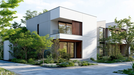 閑静な住宅地に建つ２階建て住宅の外観パース｜建築パース