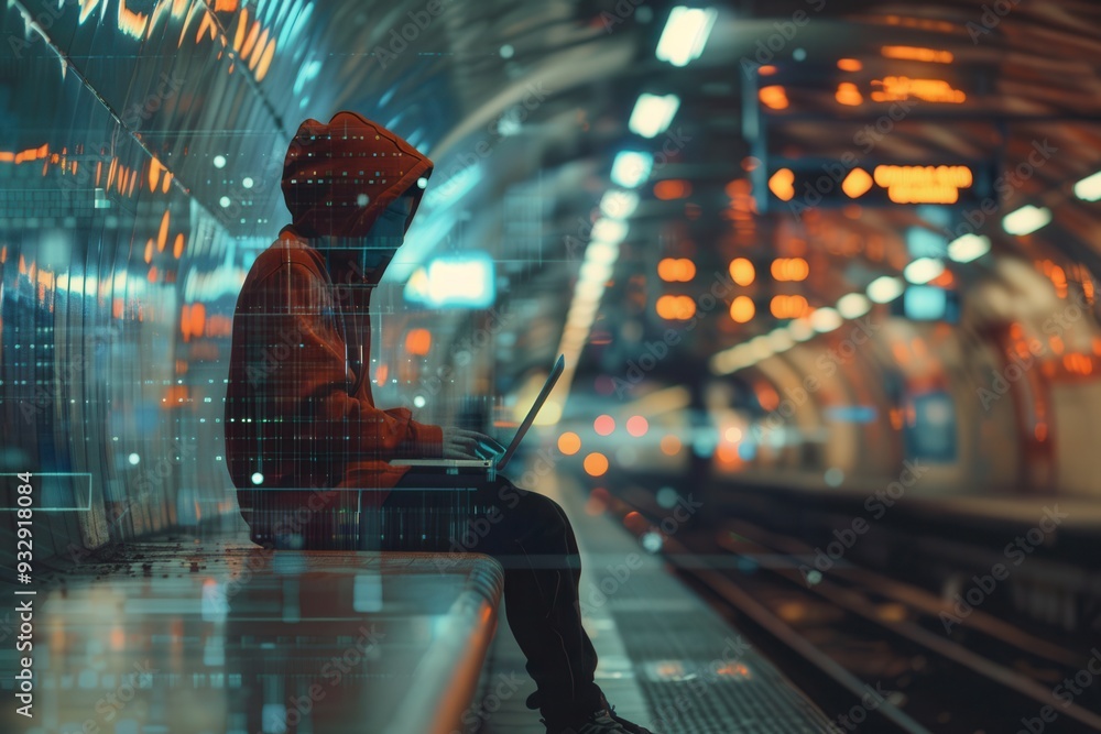 Aufkleber a person in a hoodie sits at a metro station, focused on a laptop, emphasizing the dangers of online