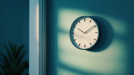 A modern wall clock casting gentle shadows in a serene blue room, perfect for home decor and interior design inspiration.