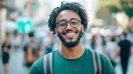 Fototapeta premium A smiling young man with glasses in a green shirt stands in a busy urban setting, radiating positivity and friendliness. The background is out of focus, highlighting his cheerful demeanor.