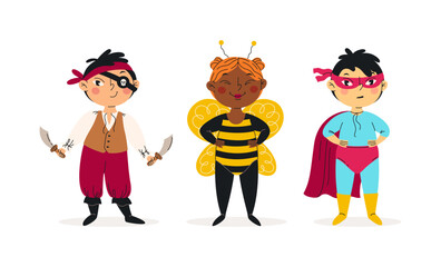 Funny kids in halloween costumes vector illustration. Happy and cute carnival children set. Pirate, bee and super hero. Characters design. For stickers, kids design, holiday banners