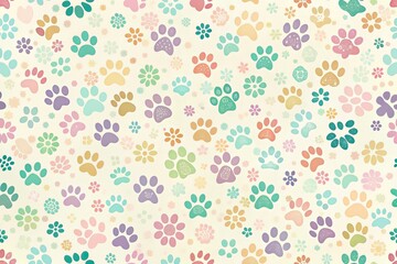 Soft pastel hues and adorable paw prints dance across a calming background, exuding whimsy and delight in a soothing and adorable combination.