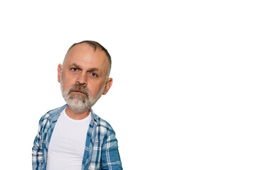 Fototapeta premium Man With Big Head in Plaid Shirt and White Tee Against Plain Background
