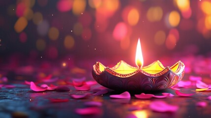 A beautiful decorative candle glowing softly, surrounded by vibrant petals and a magical bokeh background, evoking festive warmth.