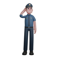 Cartoon Professional Police. A police officer is standing with one hand raised to his head. 3D Male
