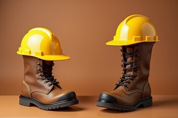 Yellow hard hats and sturdy brown boots on a brown backdrop, ideal for Labor Day promotions or safety gear advertisements with copy space.