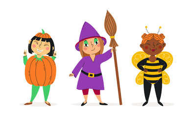 Set of funny girls in halloween costumes. Vector illustration. Happy and cute carnival kids. Witch, pumpkin and bee. Characters design. For stickers, kids design, holiday banners