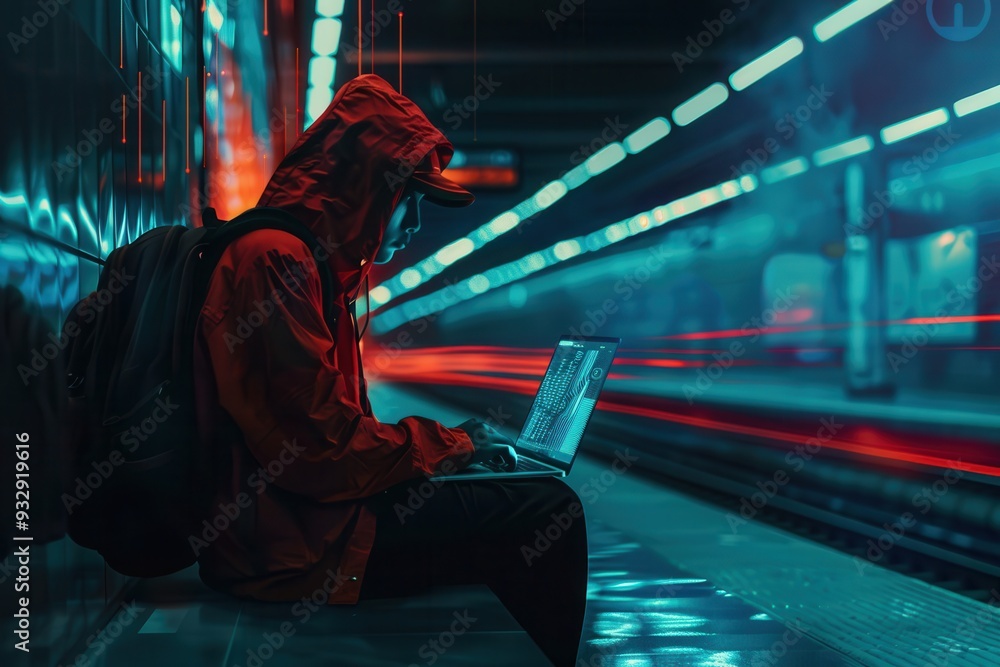 Poster a person works intently on a laptop in a metro station, illustrating the security risks of using pub