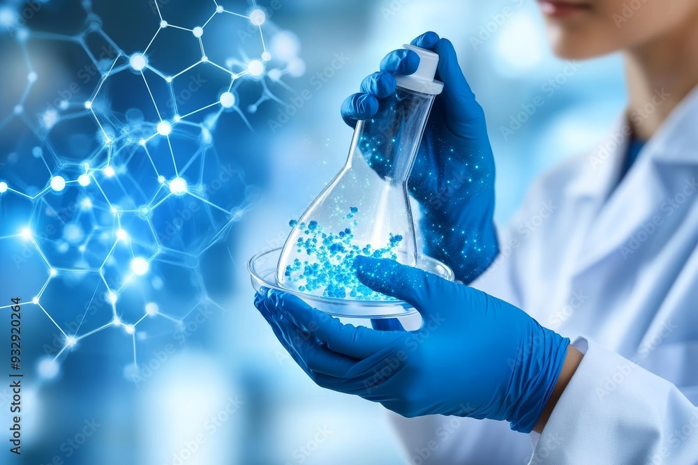 Poster scientist analyzing a molecular structure and liquid in a lab symbolizing advancements in molecular 