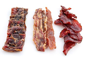 Obraz premium Three types of dried meat beef pork and chicken jerky on a white surface