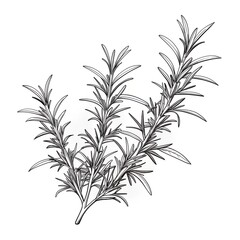 Detailed monochrome botanical graphic art of a delicately drawn rosemary sprig illustration reminiscent of vintage botanical sketches, featuring intricate linework and fine details in a timeless style