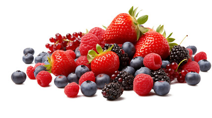 Obraz premium Mixed berries, including strawberries, blueberries, and raspberries, on transparent background