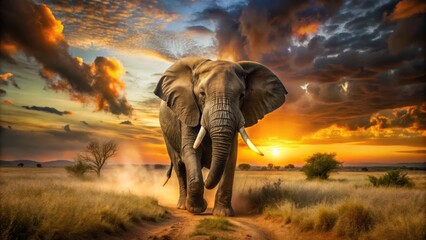 Fototapeta premium tusked fury African savannah sunset chaos