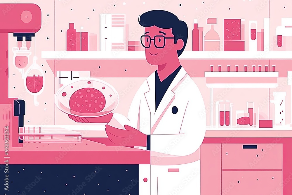 Poster stylized illustration of a scientist in a vibrant laboratory environment conducting experiments with