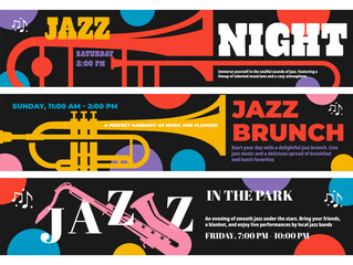 Banners inviting to a jazz evening featuring local musicians in a vibrant atmosphere on Saturday night.
