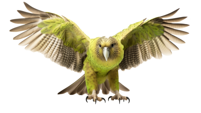 Beautiful green parrot  with wings slightly spread, preparing to move, isolated on transparent background