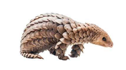Pangolin with its head slightly turned, highlighting its armored body and intricate scale patterns, isolated on transparent background