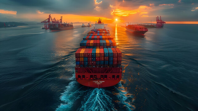 Cargo Ship Sailing at Sunset in the Ocean - Realistic Image