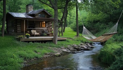 A cabin by a stream with a hammock.