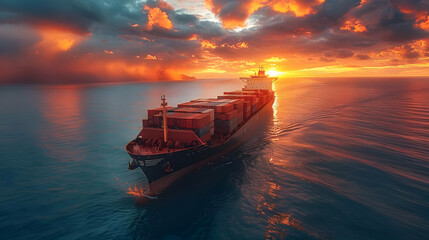 Obraz premium Cargo Ship Sailing at Sunset - Photo
