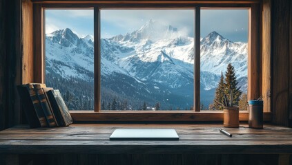 Laptop on a wooden table with a snowy mountain view.