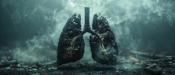Digital rendering of black lungs evolving from smoke in a dark, moody setting, emphasizing the dangers of air pollution