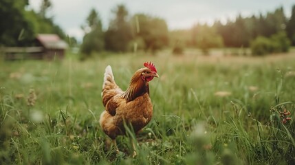 Fototapeta premium A Brown Hen in a Lush Meadow