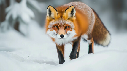 Obraz premium vibrant red fox prowling through a snowy forest,