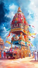 Abstract Ratha Yatra Watercolor Illustration: Majestic Decorated Chariots in Vibrant Celebration. AI-Generated Artistic Design for Cultural Events, Religious Festivals, and Indian Traditions. Elegant 