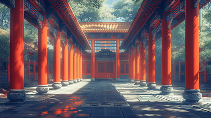 Traditional Chinese Architecture Red Columns Stone Pathway
