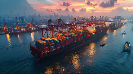 Fototapeta premium Aerial View of a Cargo Ship at Sunset with Container Cranes - Illustration