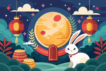 Naklejka premium A rabbit sits in front of a full moon, encircled by lanterns
