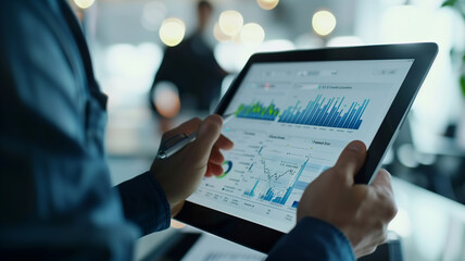 Data analysts discussing AI predictions with charts displayed on a tablet