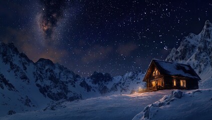 A cabin glows in a snowy mountain valley under a