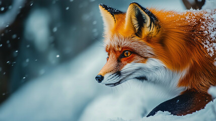 vibrant red fox prowling through a snowy forest,