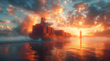 Cargo Ship Sailing at Sunset with Lighthouse - Digital Illustration