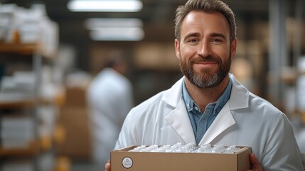 Fototapeta premium portrait of pharmaceutical sales representative in medical building holding box,drugs samples-standard-scale-_x.jpeg