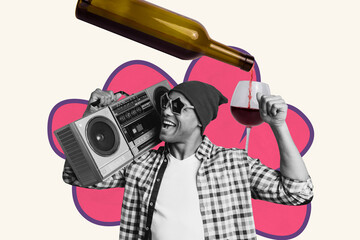 Collage artwork of cheerful glad funny guy have fun night club isolated on creative drawing...