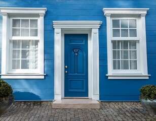 Fototapeta premium blue door with a white trim sits in front of a blue building